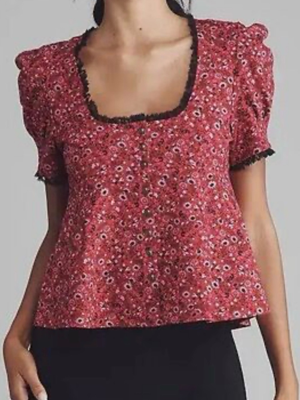 Maeve Anthropologie Pink Floral Puff Sleeve Babydoll Top Lace Trim S